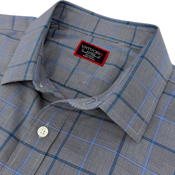 UNTUCKit Men's Ortman Wrinkle Free Relaxed Long Sleeve Shirt Gray/Blue Plaid XL - Picture 2 of 11